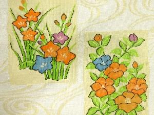 アンティーク　綴れ色紙に桔梗・椿模様織出し名古屋帯